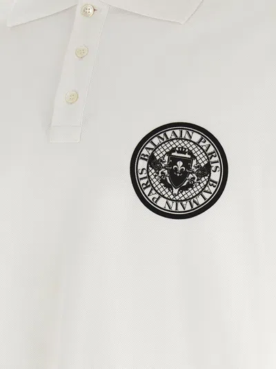 Balmain White Polo Shirt With Collar And Coin Print On The Front In Cotton Man