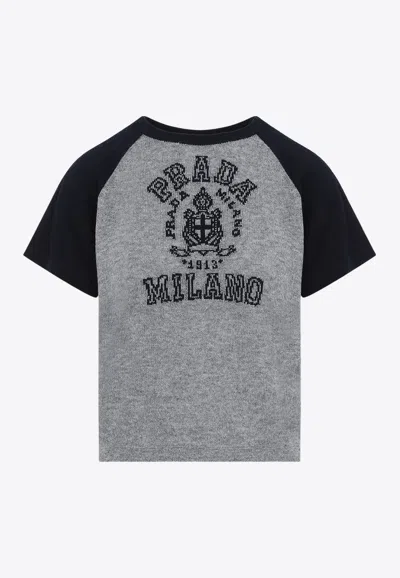Prada Logo Intarsia Knit Top In Gray