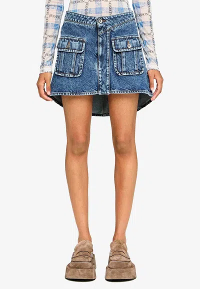 Jw Anderson Blue Curved Patch Pocket Denim Miniskirt In Blue