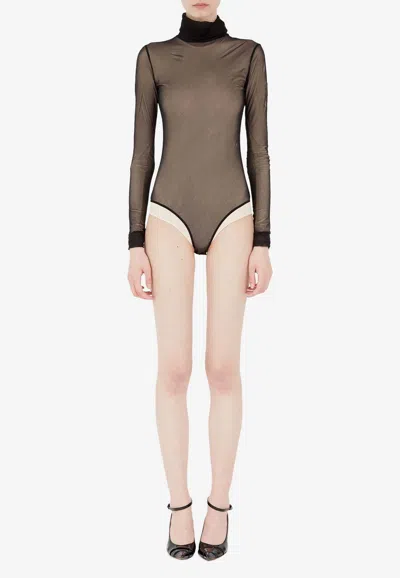 Maison Margiela Sheer Viscose Jersey T-neck Bodysuit In Black