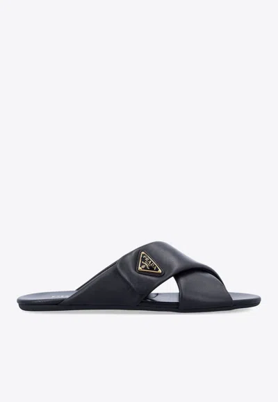 Prada Women Black Nappa Leather Slippers In Black