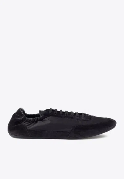 Prada Women Navy Blue Re-nylon And Suede Collapse Sneakers In Black