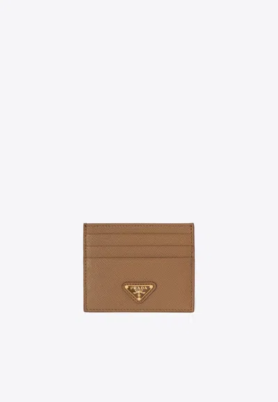 Prada Triangle Logo Saffiano Leather Cardholder In Caramel