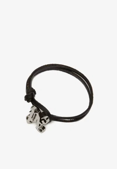 Palm Angels Monogram Leather Cord Bracelet In Black