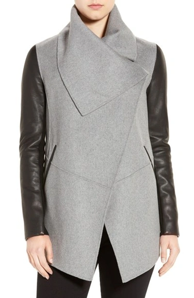 Shop Mackage Asymmetrical Leather Sleeve Coat In Light Grey