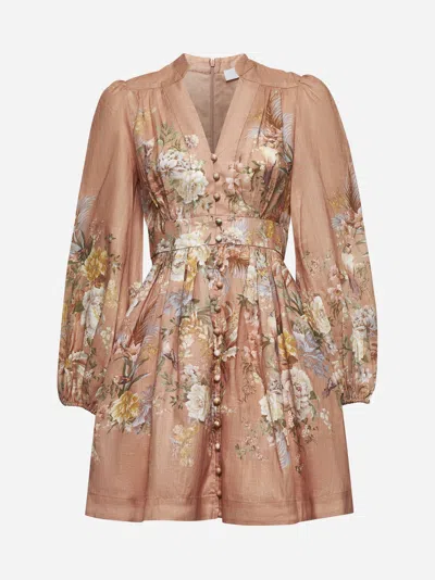 Zimmermann Tallow Pleated Floral-print Linen Mini Dress