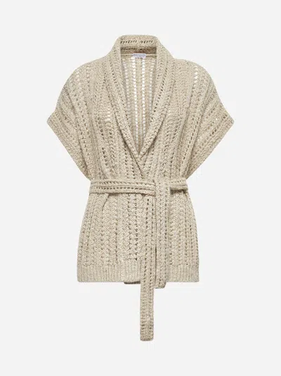 Brunello Cucinelli Beige Silk And Linen Dazzling Cardigan