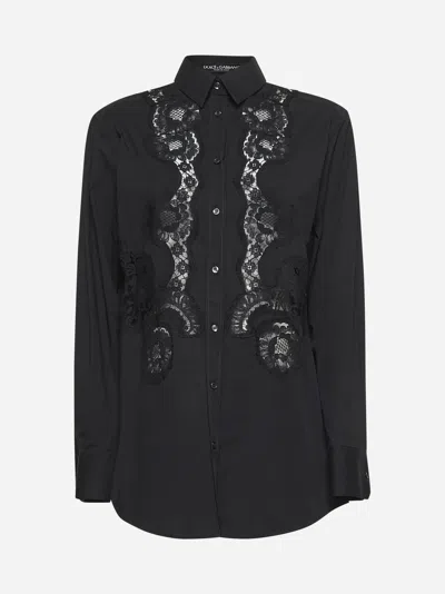 Dolce & Gabbana Black Poplin Shirt With Lace Intarsia