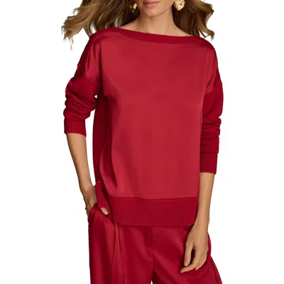 Donna Karan Mix Media Boat Neck Sweater In Red