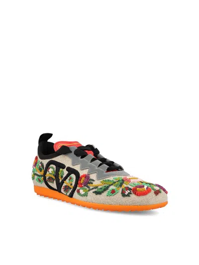 Valentino Garavani Embellished Canvas Chromathon Sneakers In Rough-multicolor/grey/pumpk