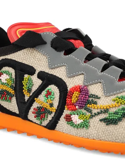 Valentino Garavani Embellished Canvas Chromathon Sneakers In Rough-multicolor/grey/pumpk