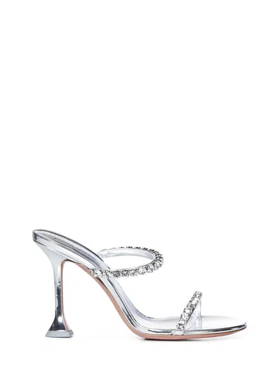 Amina Muaddi Metallic Leather Slippers With Crystal Embellishments In Silver