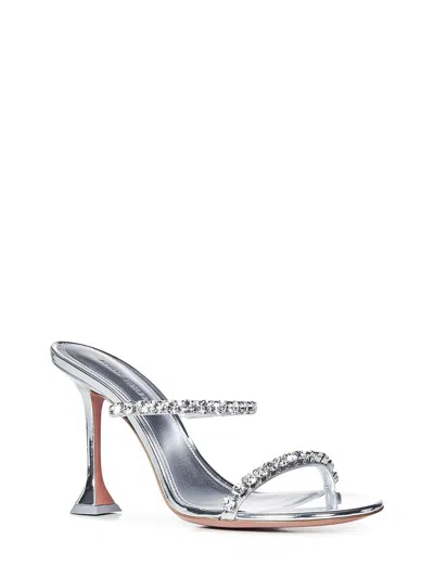 Amina Muaddi Metallic Leather Slippers With Crystal Embellishments In Silver