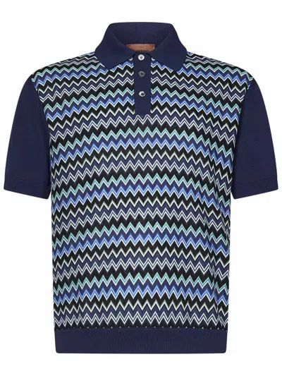 Missoni Short-sleeved Blue Cotton Knit Polo Shirt Wit In Blue