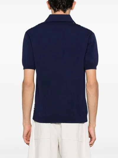 Missoni Short-sleeved Blue Cotton Knit Polo Shirt Wit In Blue