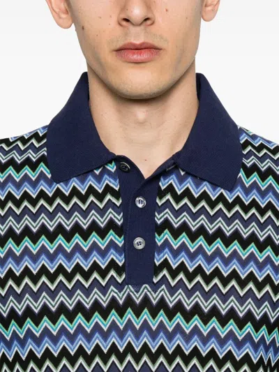 Missoni Short-sleeved Blue Cotton Knit Polo Shirt Wit In Blue