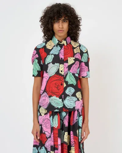 Marni Rose Scribble-print Short-sleeve Collared Shirt In Black