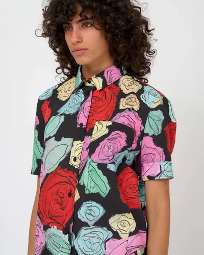 Marni Rose Scribble-print Short-sleeve Collared Shirt In Black