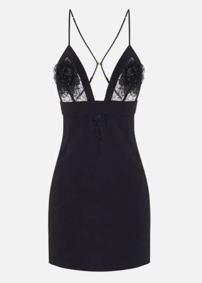 Elisabetta Franchi Plunging Neckline Mini Dress With Lace Detailing And Floral Embellishments In Black