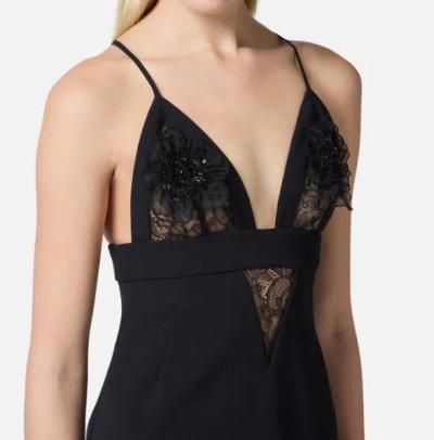 Elisabetta Franchi Plunging Neckline Mini Dress With Lace Detailing And Floral Embellishments In Black