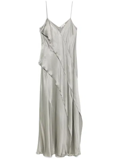 Antonelli Luisiana Green Dress With Spaghetti Straps And Front Ruffle In Satin Woman In Grey