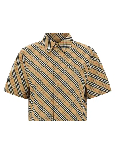 Burberry Cropped Check Cotton Shirt In Brown