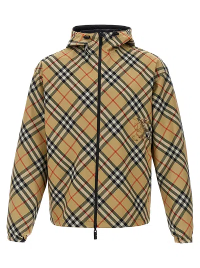 Burberry Beige Reversible Down Jacket With Hood And All-over Check Motif In Tech Fabric Man
