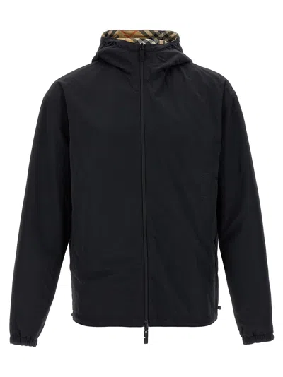 Burberry Beige Reversible Down Jacket With Hood And All-over Check Motif In Tech Fabric Man