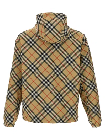 Burberry Beige Reversible Down Jacket With Hood And All-over Check Motif In Tech Fabric Man