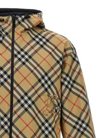 Burberry Beige Reversible Down Jacket With Hood And All-over Check Motif In Tech Fabric Man