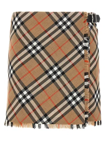 Burberry Womens Nut Ip Check Check-print Fringed Woven Mini Skirt