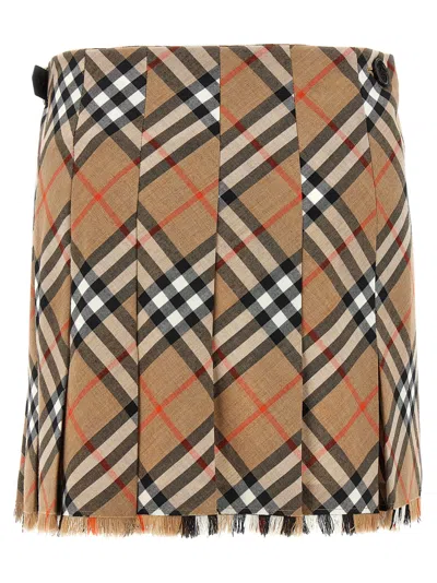 Burberry Womens Nut Ip Check Check-print Fringed Woven Mini Skirt