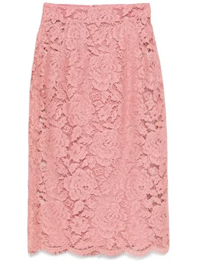 Dolce & Gabbana Lace Midi Skirt With Embroidered Logo In Powder