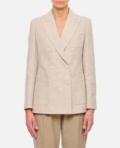 Max Mara Linen Blend Double-breasted Jacket With Chest Pocket In Beige