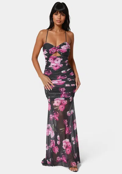 Bebe Twist Front Mermaid Mesh Gown In Lavender Mystique