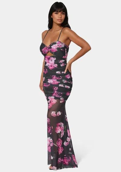 Bebe Twist Front Mermaid Mesh Gown In Lavender Mystique