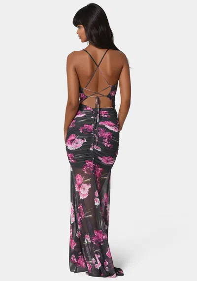 Bebe Twist Front Mermaid Mesh Gown In Lavender Mystique
