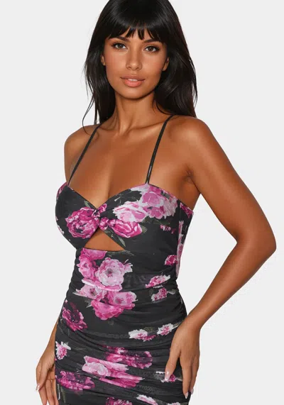 Bebe Twist Front Mermaid Mesh Gown In Lavender Mystique