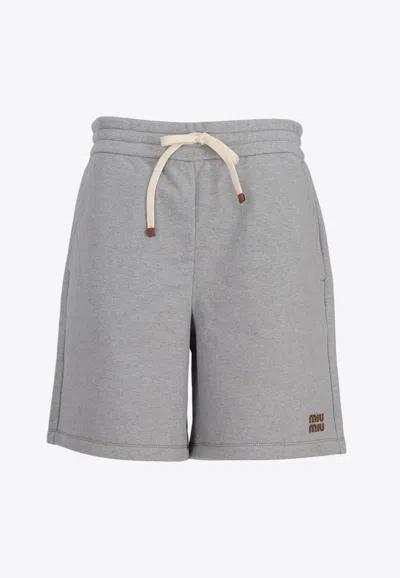 Miu Miu Logo Fleece Shorts In Gray