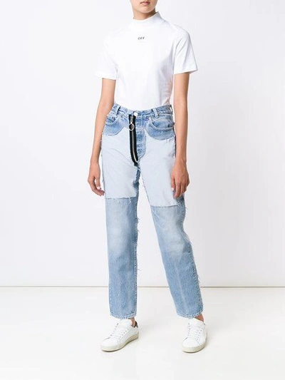 Shop Off-white Contrast Panel Boyfriend Jeans - Blue