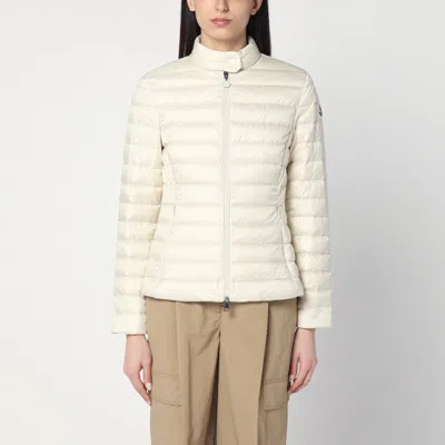 Moncler Fitted Quilted Feather Down Jacket With High Collar In Beige
