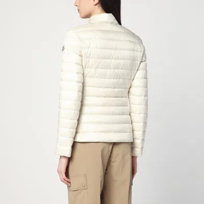 Moncler Fitted Quilted Feather Down Jacket With High Collar In Beige