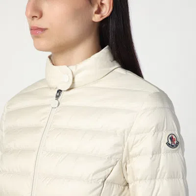 Moncler Fitted Quilted Feather Down Jacket With High Collar In Beige