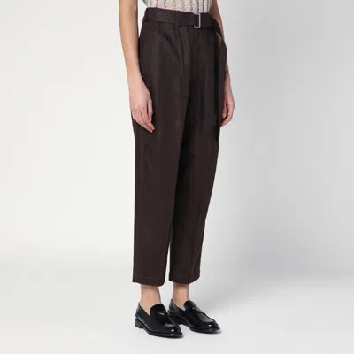 Brunello Cucinelli Dark Chocolate Linen Trousers With Practical Belt In Brown
