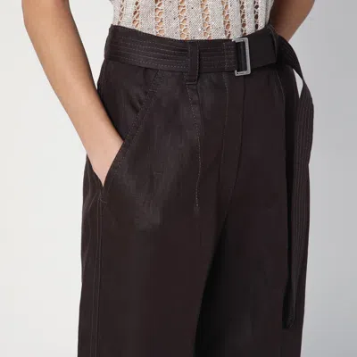 Brunello Cucinelli Dark Chocolate Linen Trousers With Practical Belt In Brown