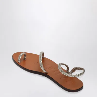 Manebi Platinum Leather Thong Sandals With Ring In Brown