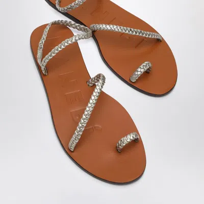 Manebi Platinum Leather Thong Sandals With Ring In Brown