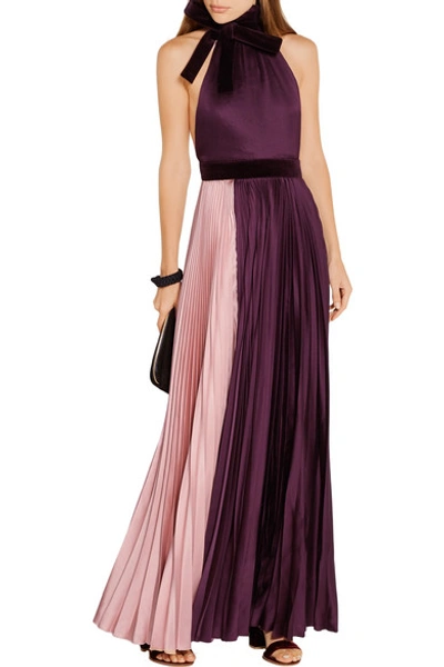 Shop Roksanda Wykeham Velvet-trimmed Plissé Silk-blend Satin Gown