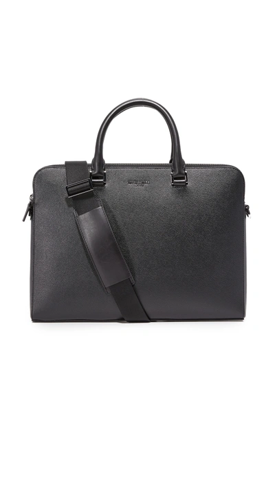 Shop Michael Kors Harrison Leather Medium Double Zip Briefcase In Black