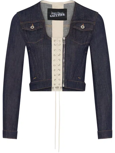 Jean Paul Gaultier Lace-up Cropped Denim Jacket In Blue